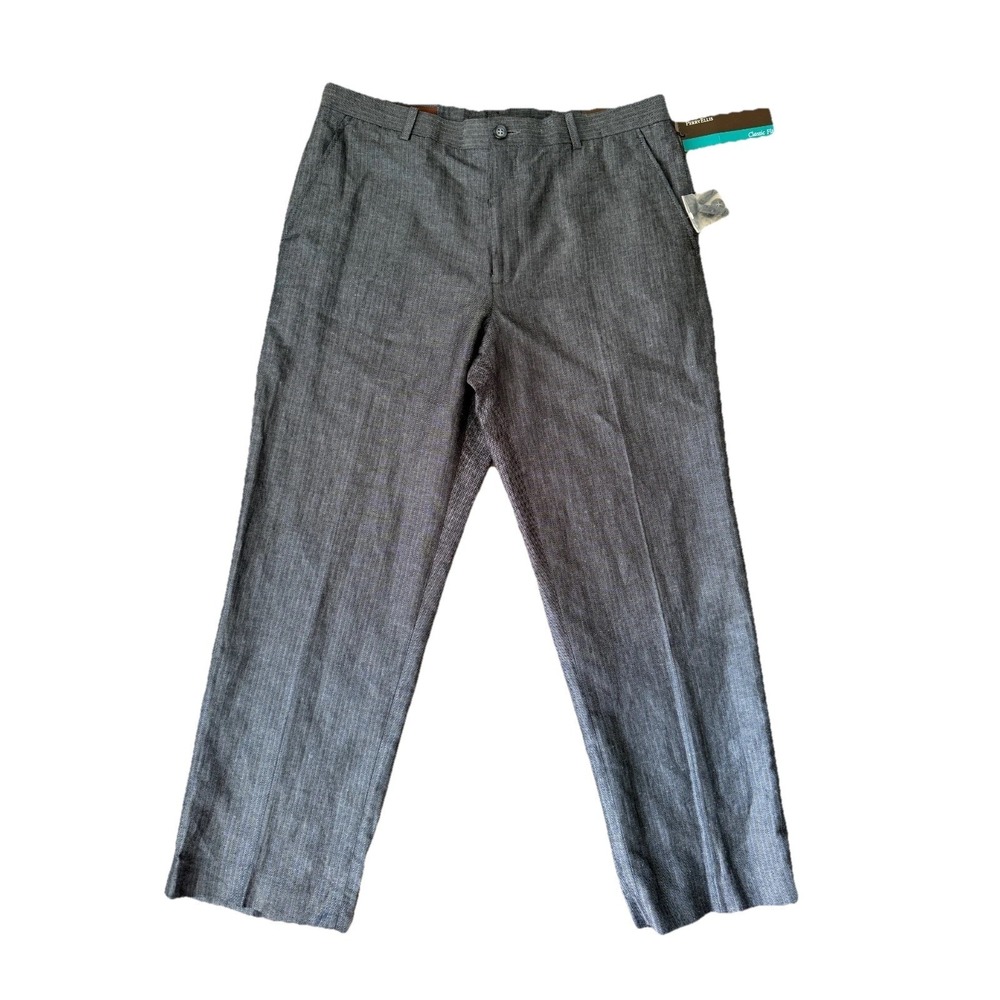Perry Ellis Classic Fit Gray Herringbone Dress Pants Linen Cotton Mens 34x29 NWT
